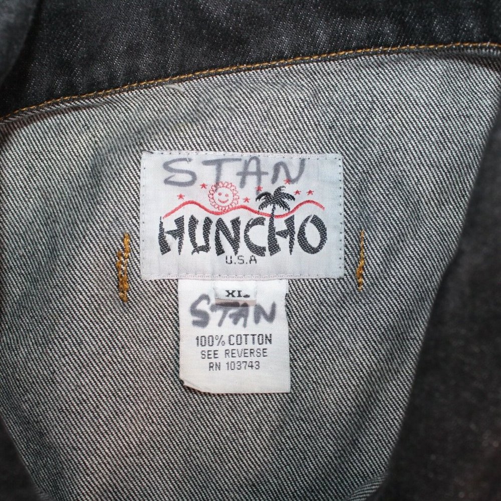 HUNCHO USA XL Black Denim Hip Hop Streetwear Prison Yard Embroidered Jean Jacket - Picture 12 of 12